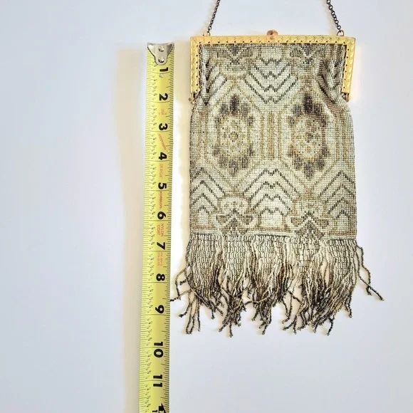 Vintage French Gold Color Beaded Purse Evening Bag W/ Fringe Retro Glam - Picture 7 of 8